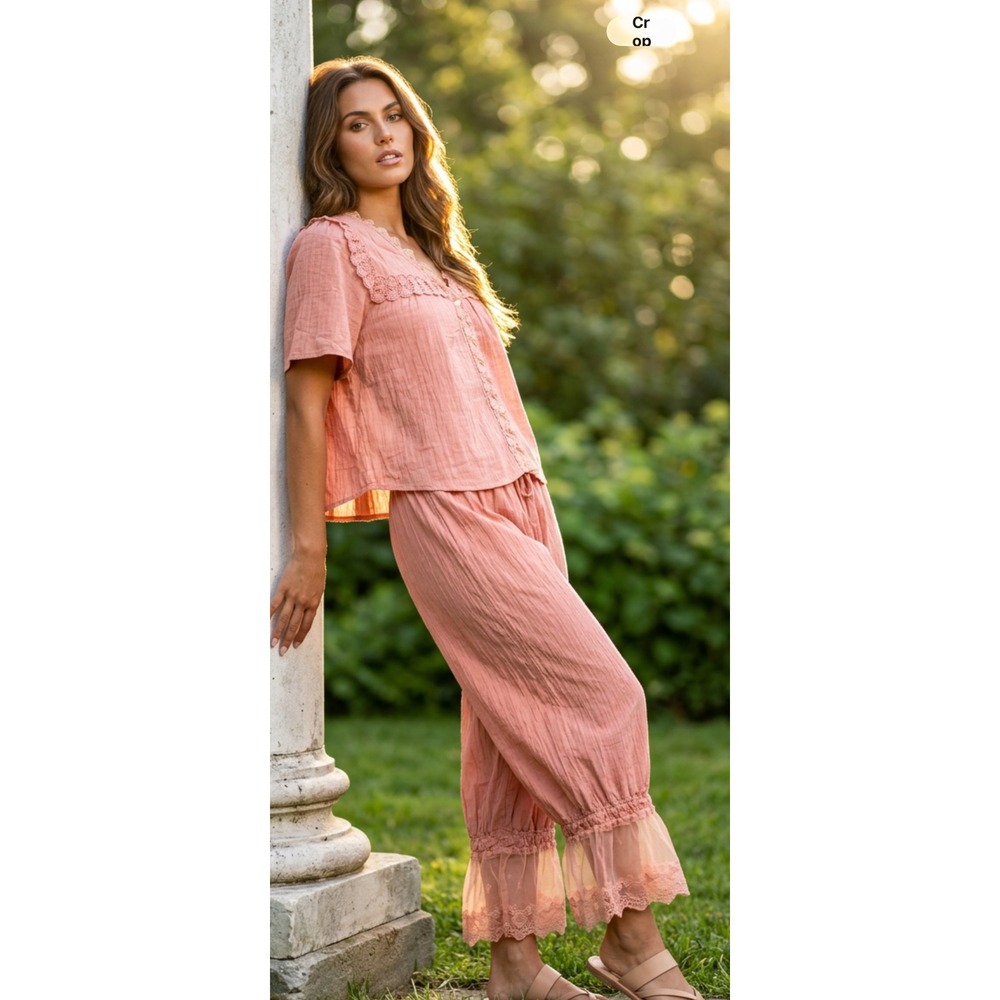 New J Very J 2 Piece Set Bloomer Pants and Lace Trim Top Terracotta Peach Medium - Picture 7 of 12